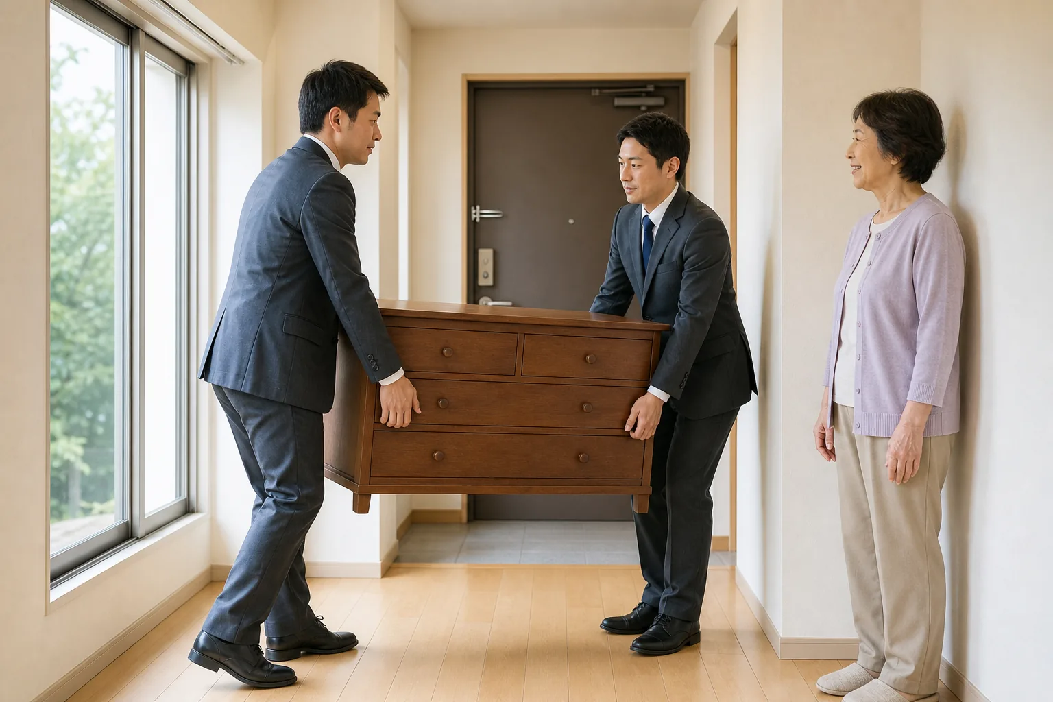 エコラビのスタッフ2名が木製のたんすを運び出し、お客様は離れて見守っている様子