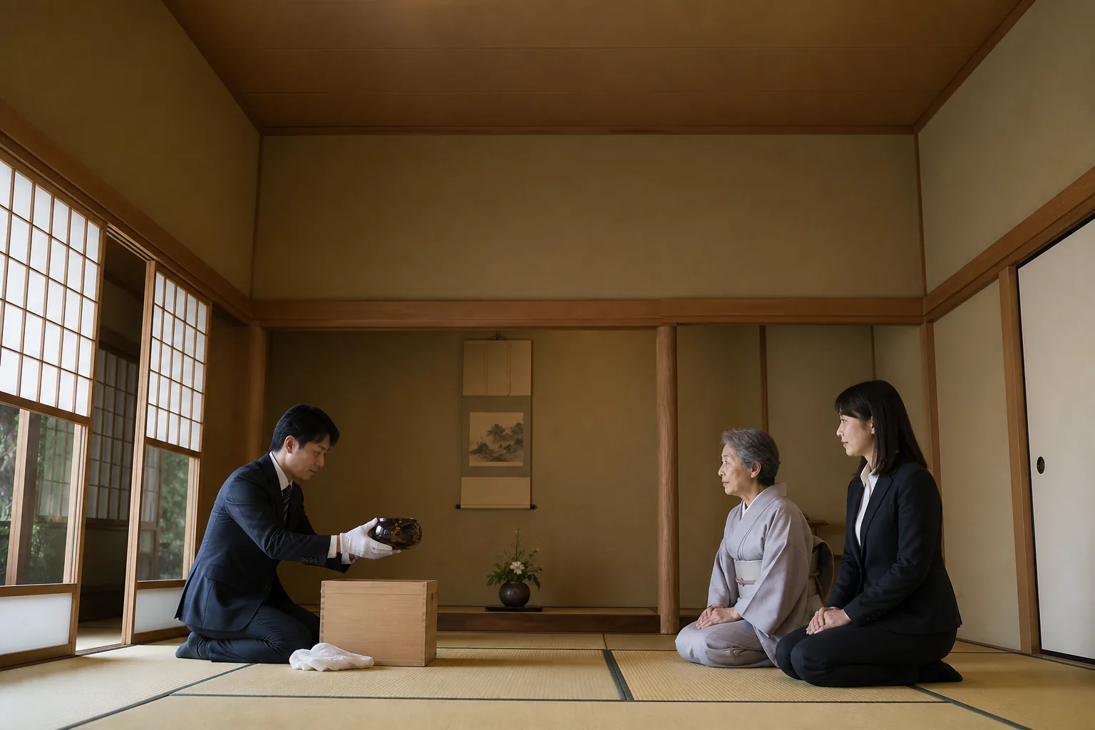 スーツ姿の査定士が、足立区のご自宅の和室で桐箱に入った品物を畳の上で確認し、ご家族が向かいに座って見守っている様子