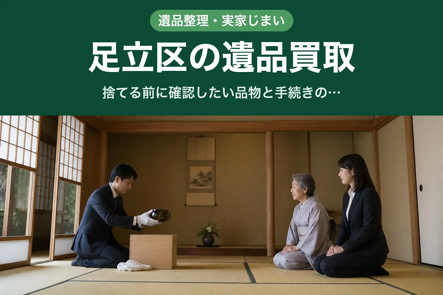 スーツ姿の査定士が、足立区のご自宅の和室で桐箱に入った品物を畳の上で確認し、ご家族が向かいに座って見守っている様子