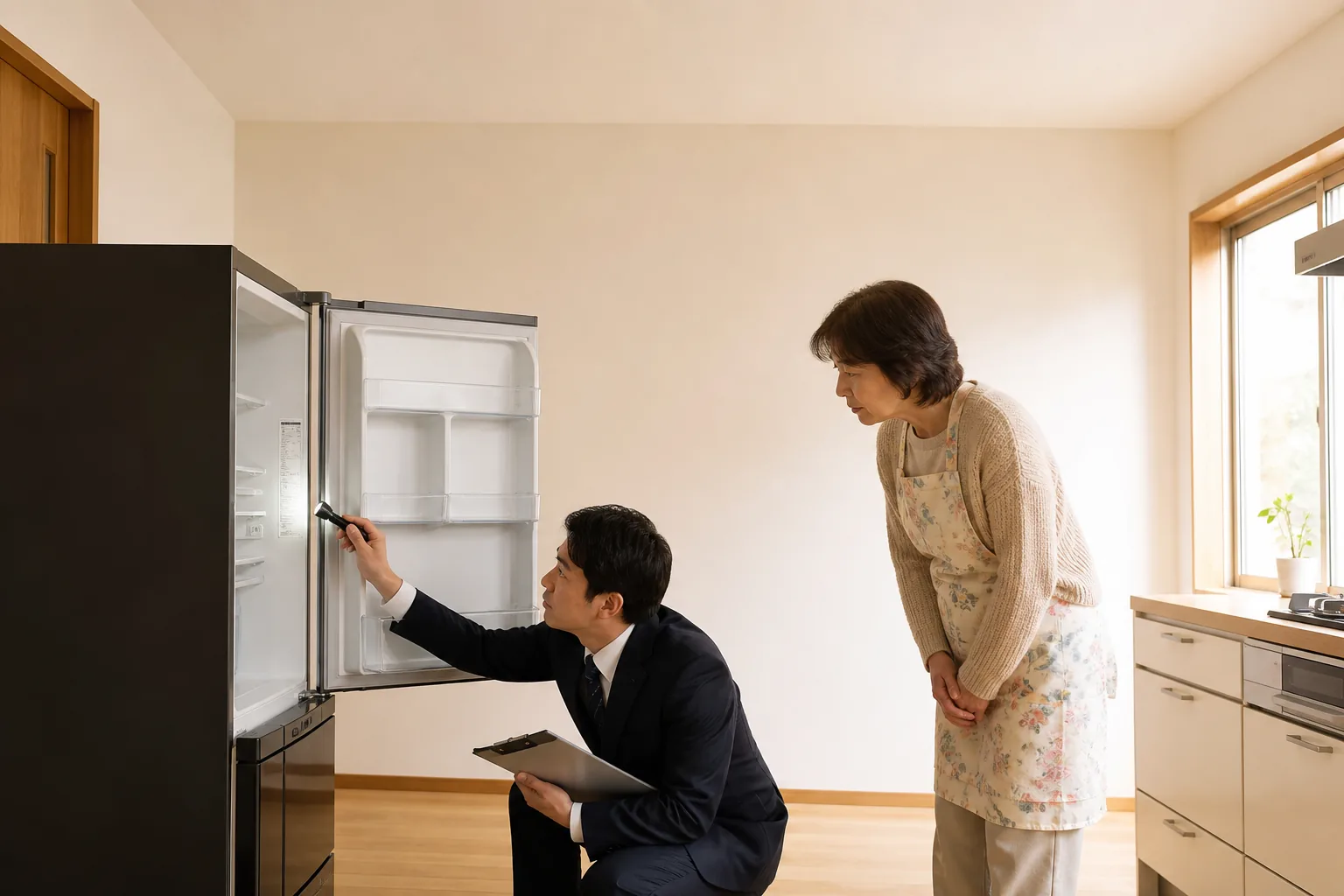 スーツ姿の査定士が、足立区のご自宅のキッチンで冷蔵庫の扉を開け、庫内に貼られた銘板シールに小型ライトを当てて製造年と型番を確認している様子。カーディガンとエプロン姿のお客様が、少し身をかがめて手元をのぞき込んでいる