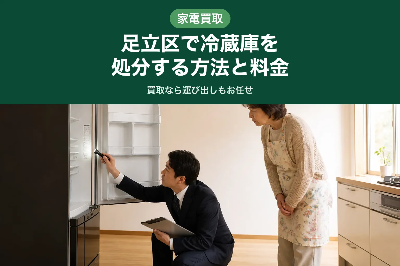 スーツ姿の査定士が、足立区のご自宅のキッチンで冷蔵庫の扉を開け、庫内に貼られた銘板シールに小型ライトを当てて製造年と型番を確認している様子。カーディガンとエプロン姿のお客様が、少し身をかがめて手元をのぞき込んでいる