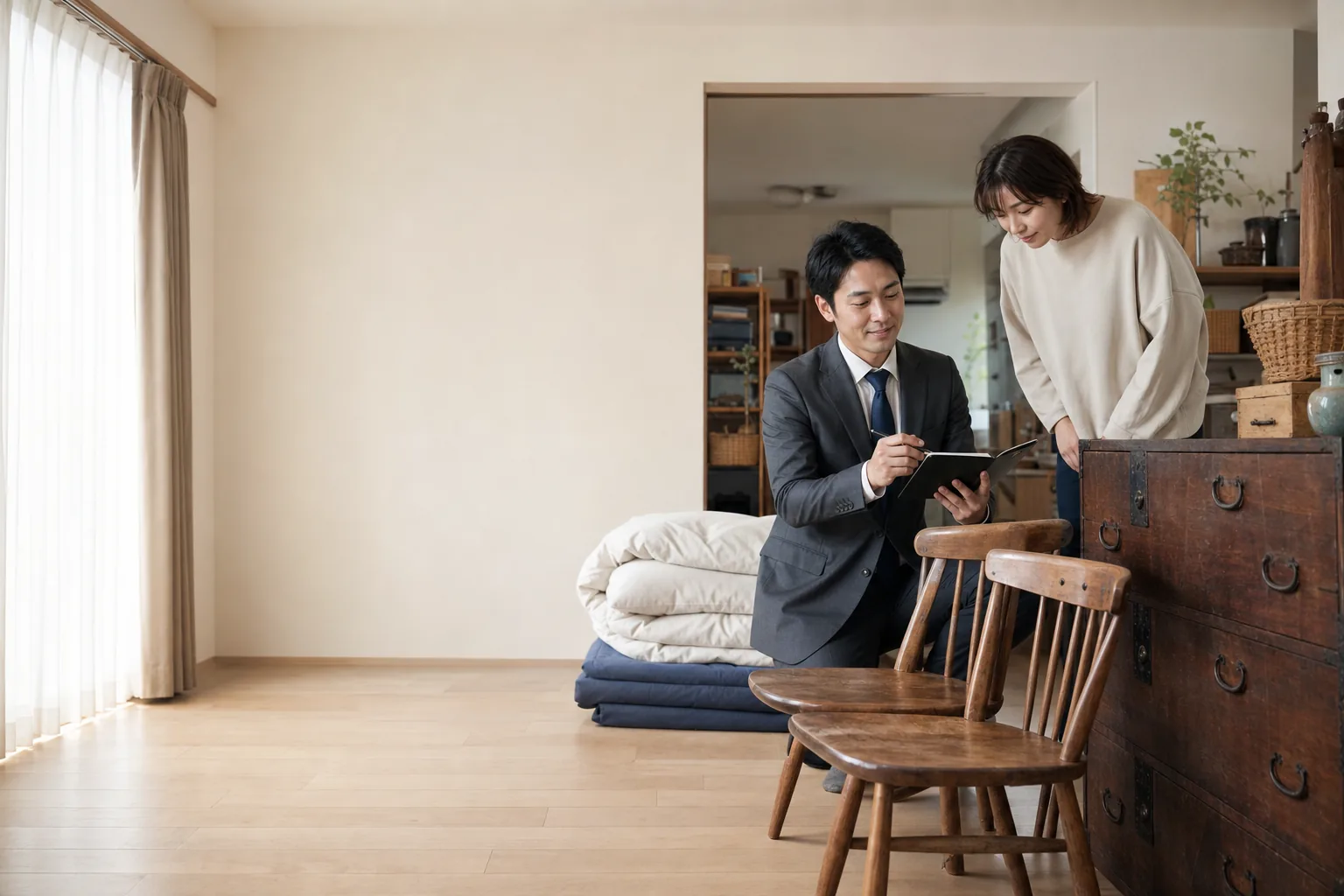 スーツ姿の査定士が手帳を開いて日程を確認しながら、玄関先に並んだ家具を前にお客様と話している様子
