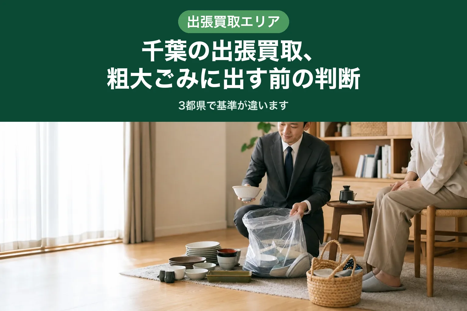 スーツ姿の査定士が、リビングに集められた家具や食器を高齢のお客様と一緒に確認している様子
