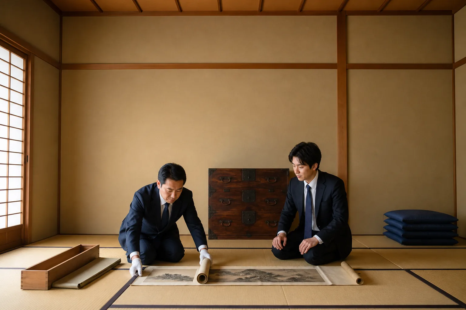スーツ姿の査定士が、江戸川区のご自宅の和室で桐の茶箱の中の掛軸を両手で持って確認し、隣に座ったご家族が手元を見ている様子。背景には積まれた座布団と古い和だんすがある