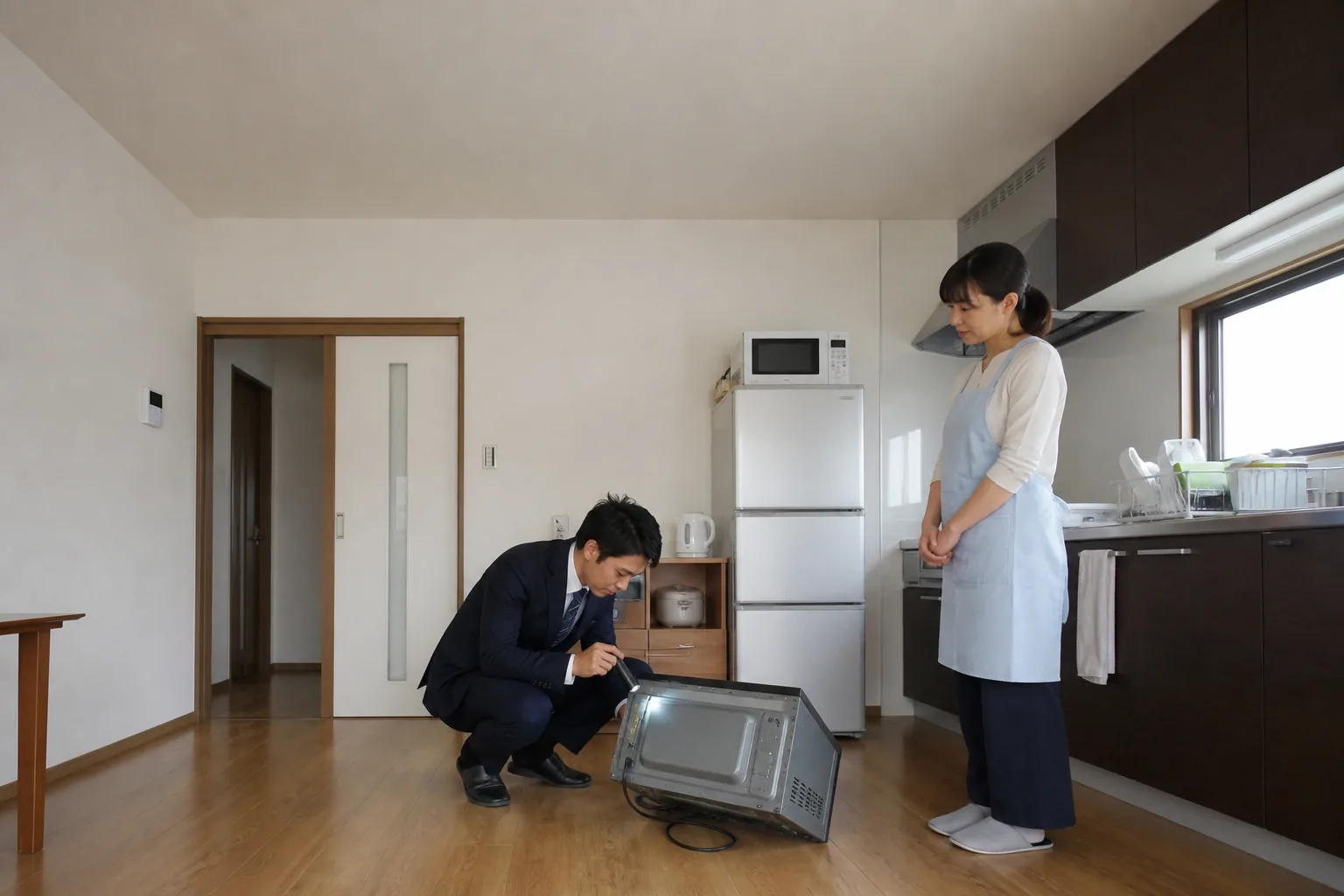 スーツ姿の査定士が、江戸川区のご自宅のキッチンで床に置いた電子レンジをかたむけ、小型ライトを当てて中と側面を確認している様子。エプロン姿のお客様が少し離れて見守っている