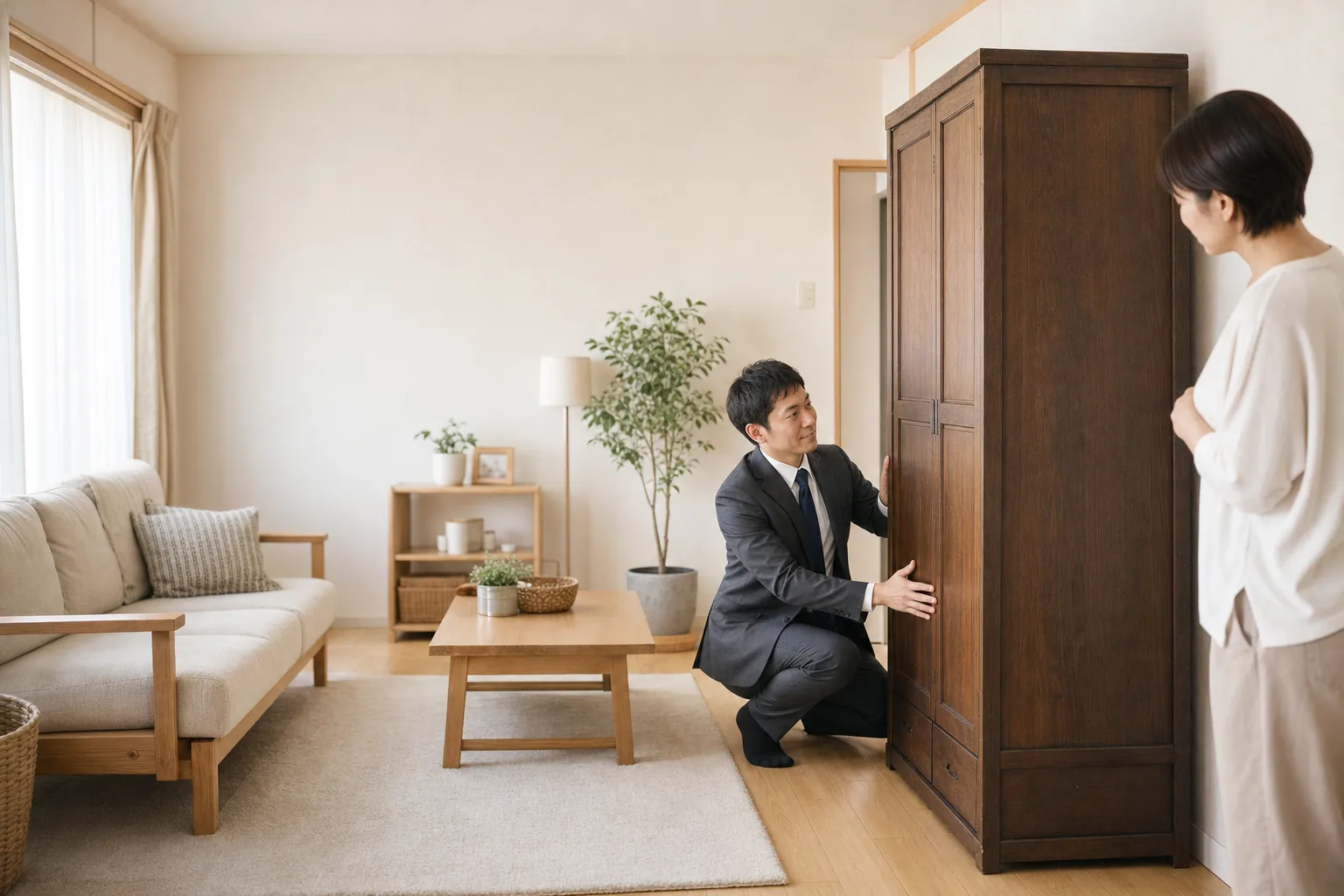 スーツ姿の査定士が大きな洋服ダンスの側面に手をかけて持ち上がるか確かめ、お客様が反対側で見守っている様子