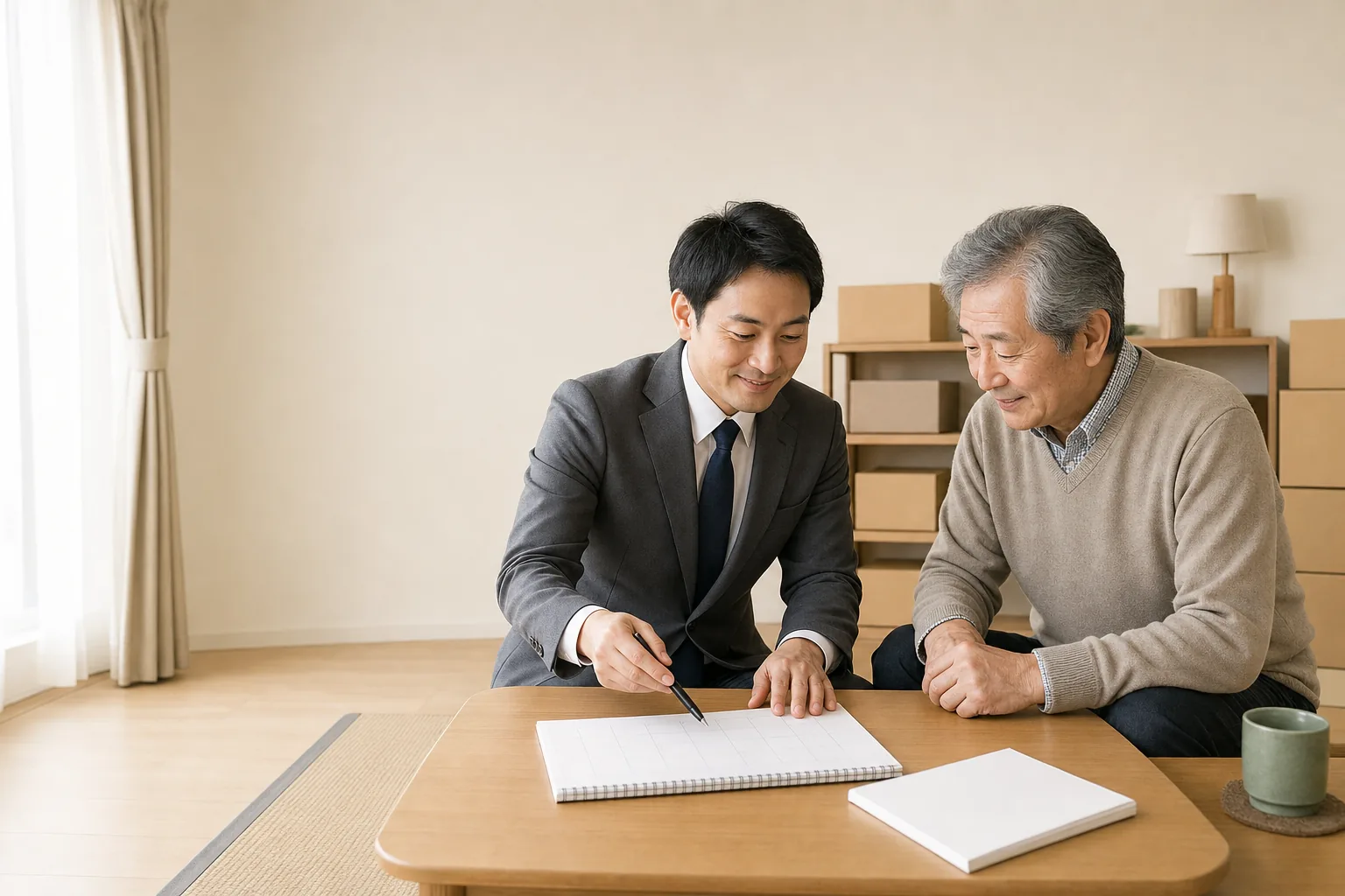 スーツ姿の査定士が、高齢のお客様とカレンダーや書類を見ながら片付けの日程を相談している様子
