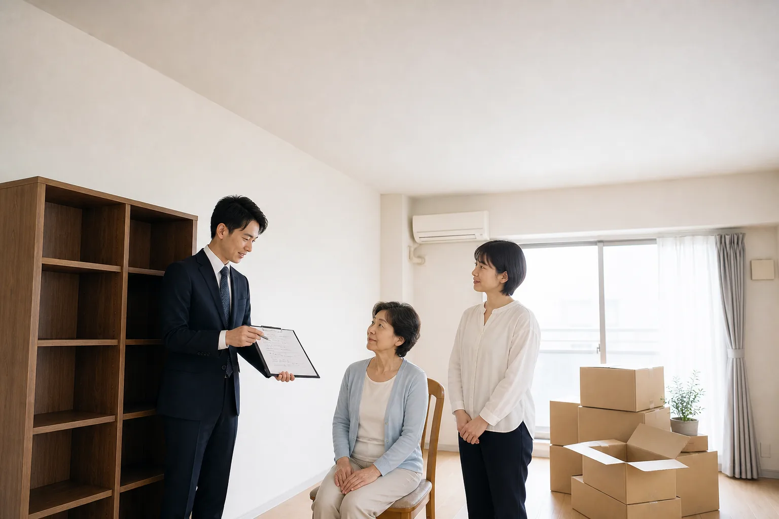 スーツ姿の査定士が、板橋区のマンションの洋室で本棚の前に立ち、手元の書類を見せながら高齢の母親とその娘に説明している様子。窓際には梱包途中の段ボールが積まれている