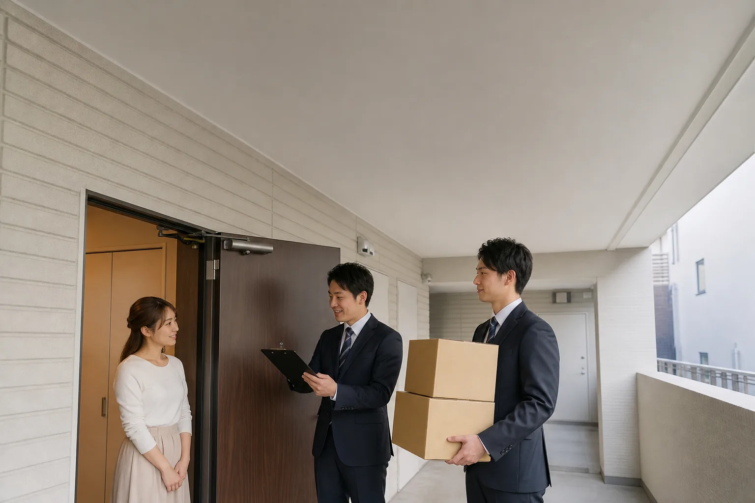 スーツ姿の査定士が、葛飾区の集合住宅の玄関前で、段ボール箱を運び出すもう一人のスタッフに指示を出しながら、手元の一覧表を女性のお客様に見せている様子