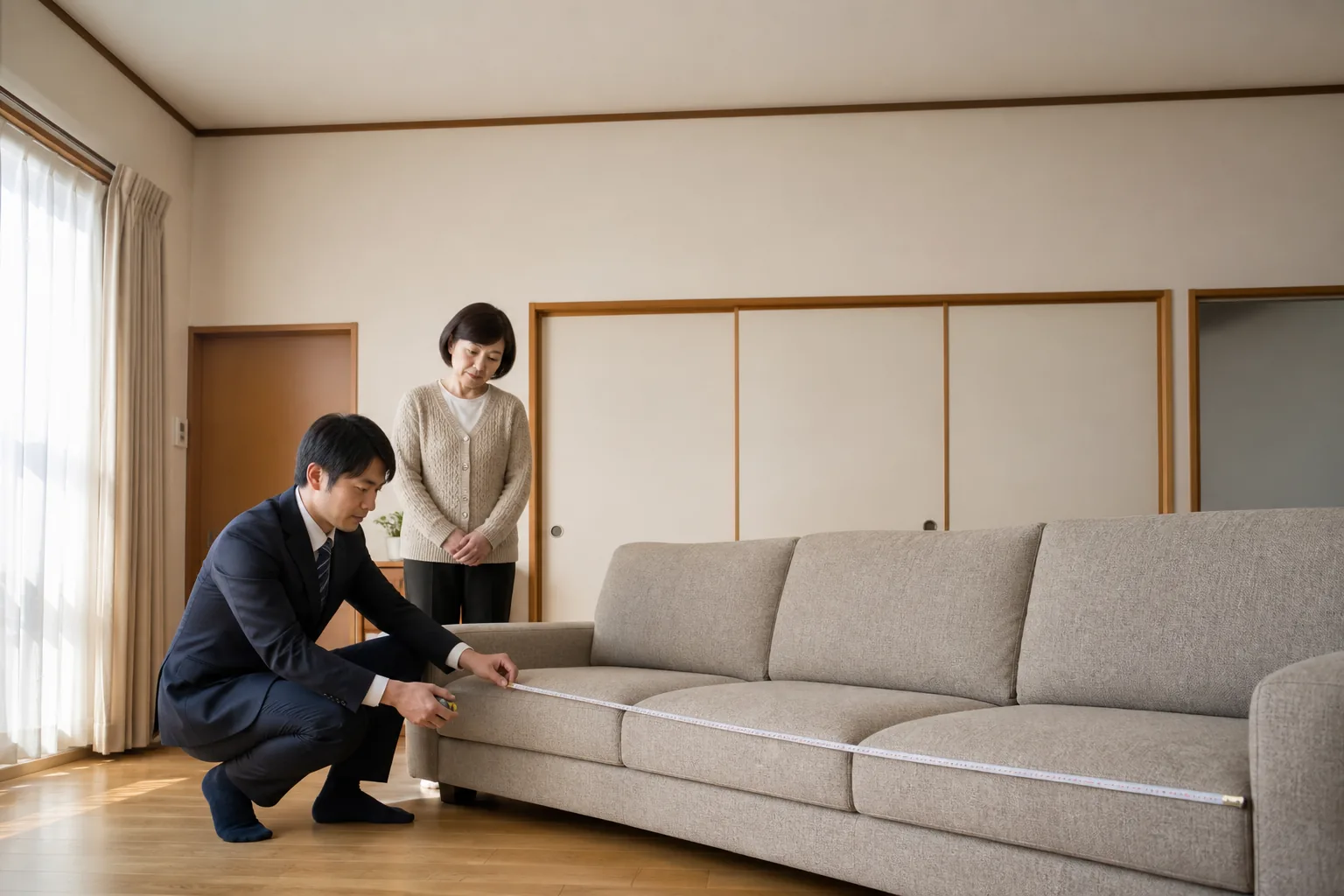 スーツ姿の査定士が、葛飾区のご自宅のリビングで三人掛けのソファの前にしゃがみ、メジャーを当てて幅を測っている様子。カーディガン姿のお客様が少し離れたところに立ち、手元を見ている