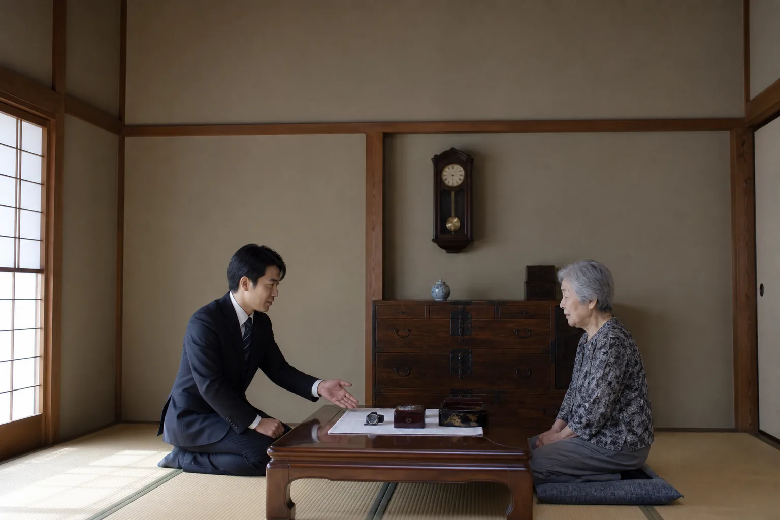 スーツ姿の査定士が、川口市の戸建ての和室で座卓をはさんで高齢の女性と向かい合い、桐箱に入った品物を畳の上に並べて説明している様子。奥には和だんすと柱時計がある