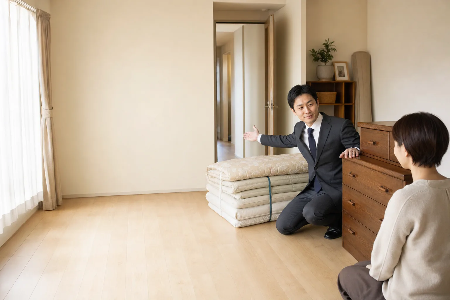 スーツ姿の査定士が玄関先で、運び出す家具の前に立ち、お客様と搬出の段取りを話している様子