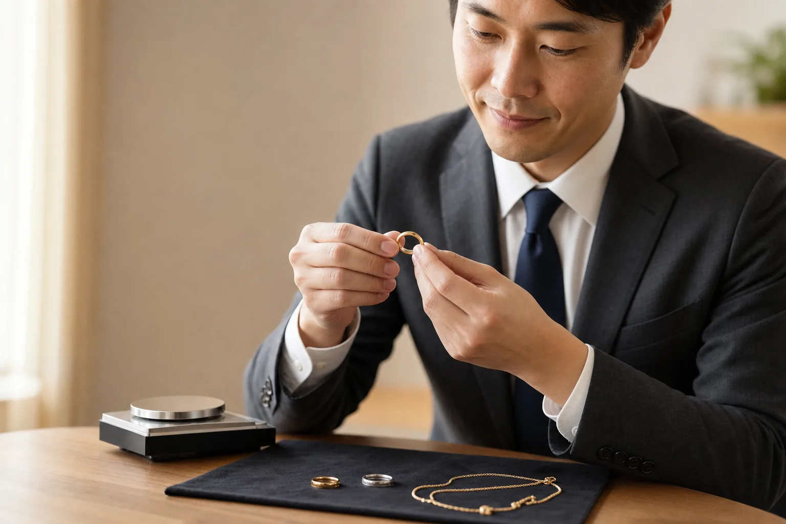 スーツ姿の査定士の手元で、指輪やネックレスなどの貴金属を一点ずつ確認している査定の様子