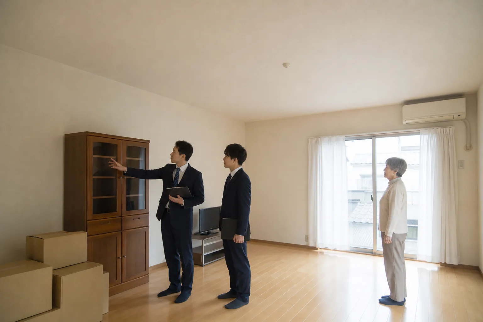 スーツ姿の査定士2名が、集合住宅の一室で食器棚とダンボールの前に立ち、離れて見守るお客様に確認を取っている様子