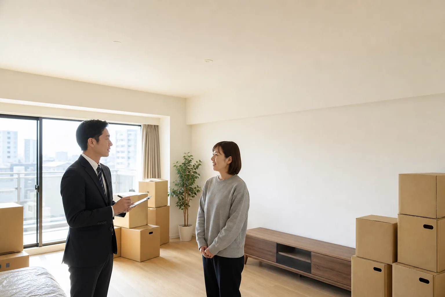 スーツ姿の査定士が、引っ越し前で段ボールが積まれたマンションの一室で、クリップボードに書き込みながらお客様と向かい合って話している様子。奥の壁際にテレビボードが残っている