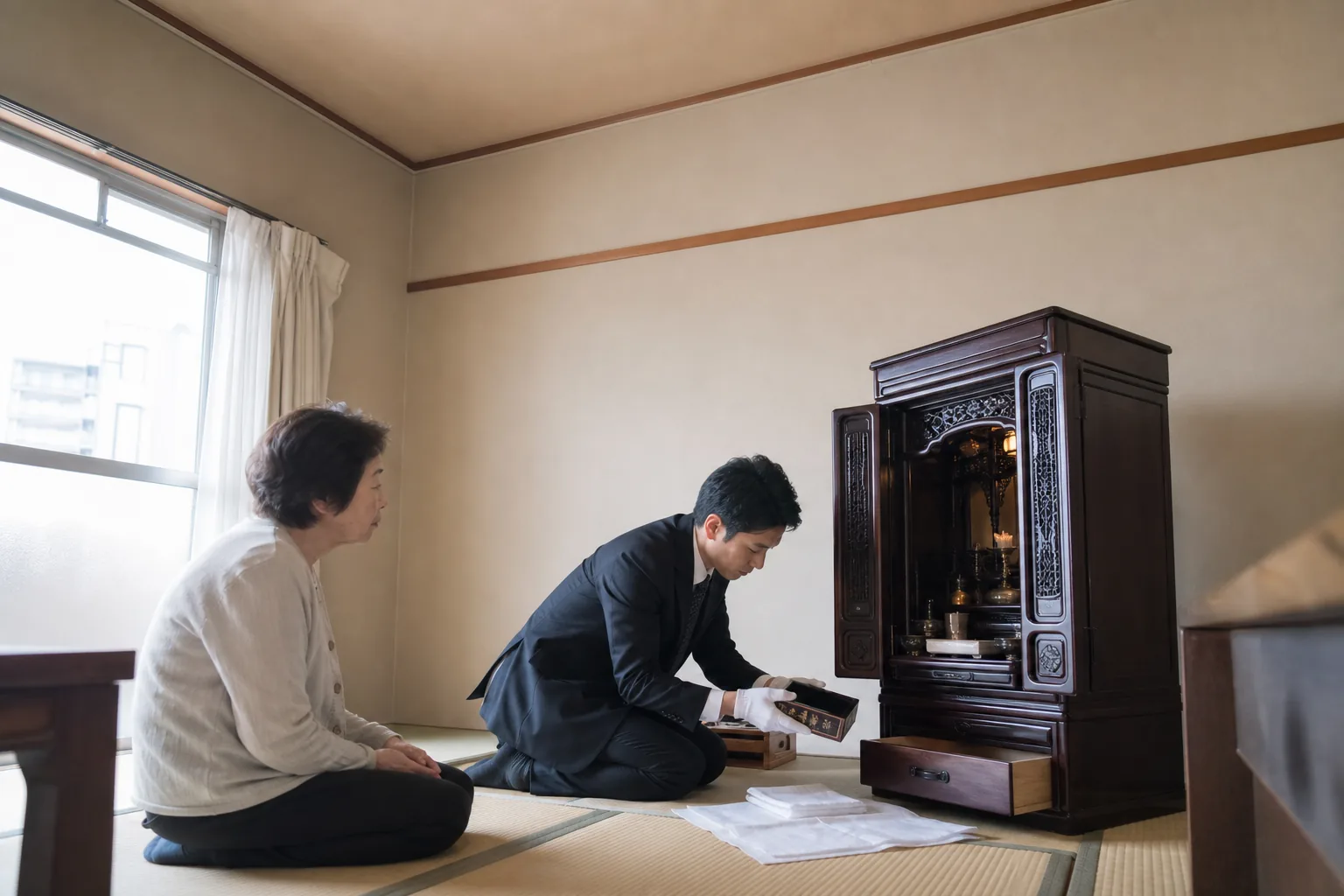 スーツ姿の査定士が、江東区のマンションの和室で仏壇の前に膝をつき、引き出しから取り出した小箱を手元の布の上で確認している様子。隣にご家族が座って見ている
