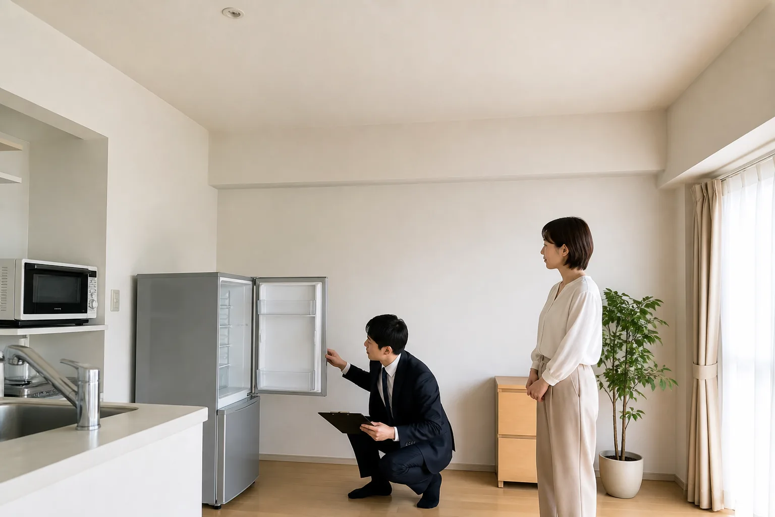 スーツ姿の査定士が、江東区のマンションのキッチンで冷蔵庫の扉を開け、片手にバインダーを持って庫内を確認している様子。少し離れて女性のお客様が立って見守っている