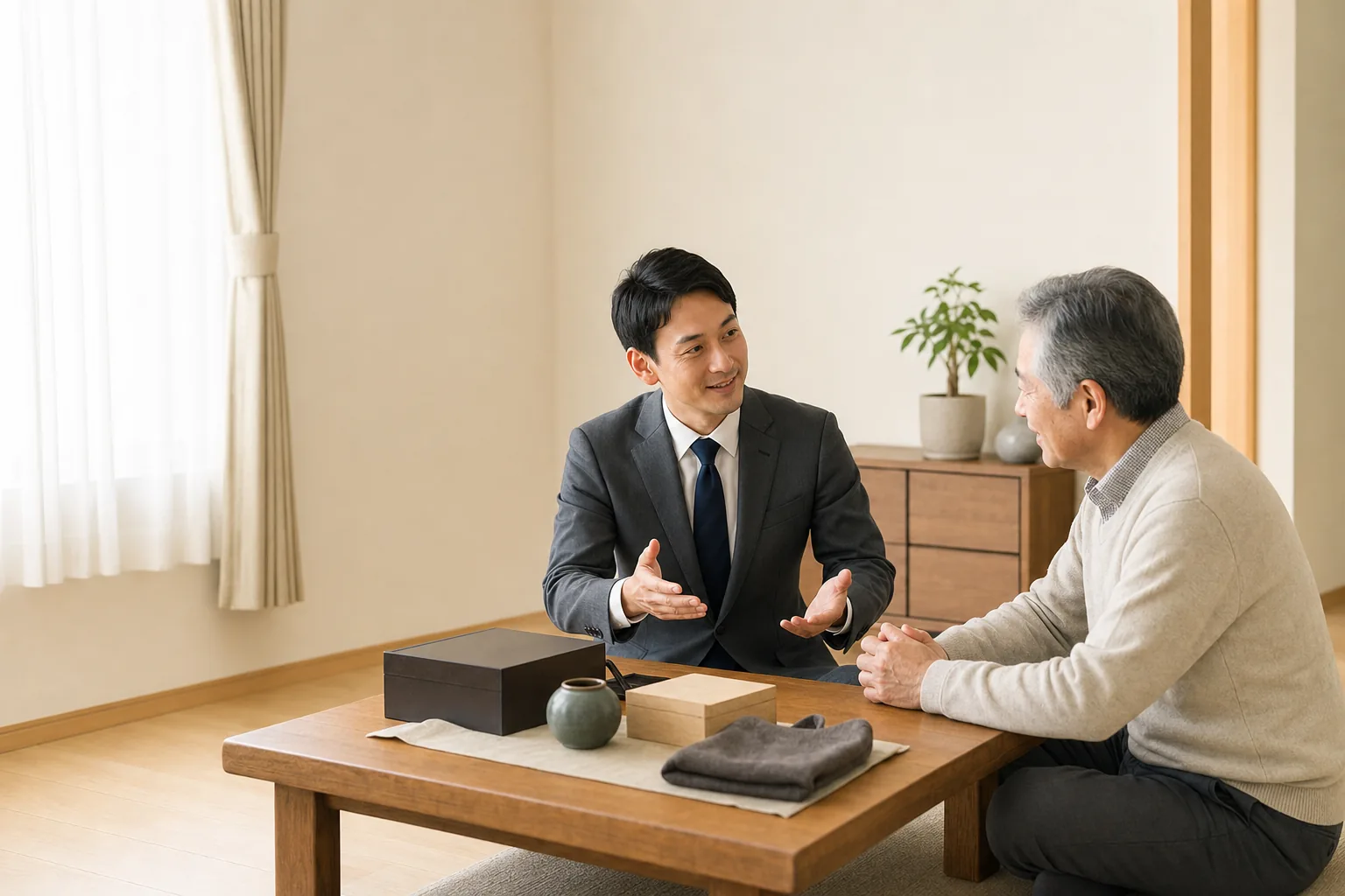 スーツ姿の査定士がテーブル越しに手ぶりを交えて説明し、お客様がうなずいて聞いている様子。テーブルには小物が数点置かれている
