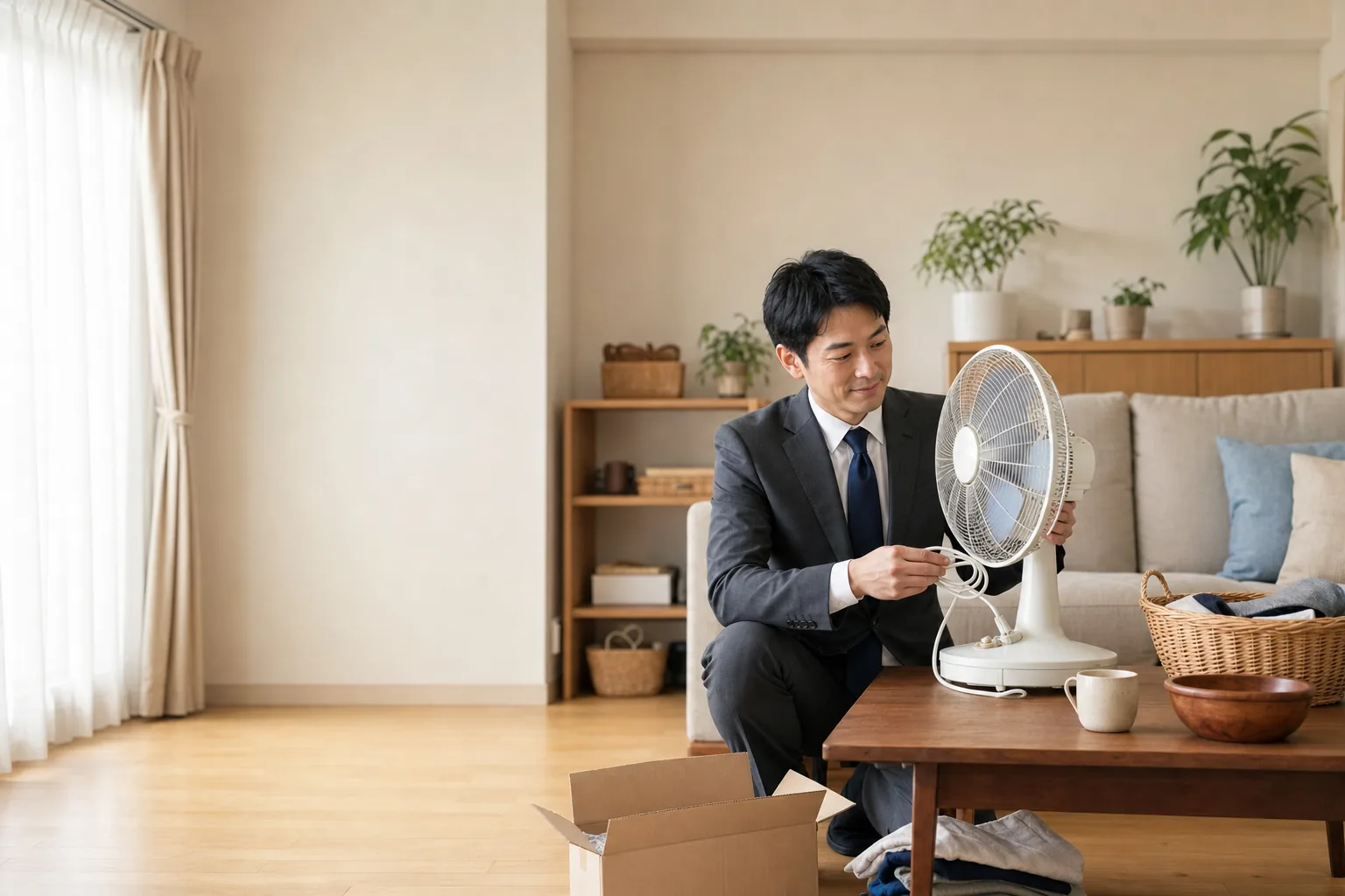 スーツ姿の査定士が、テーブルの上の扇風機の電源コードと羽根の状態を確認している自宅訪問査定の様子
