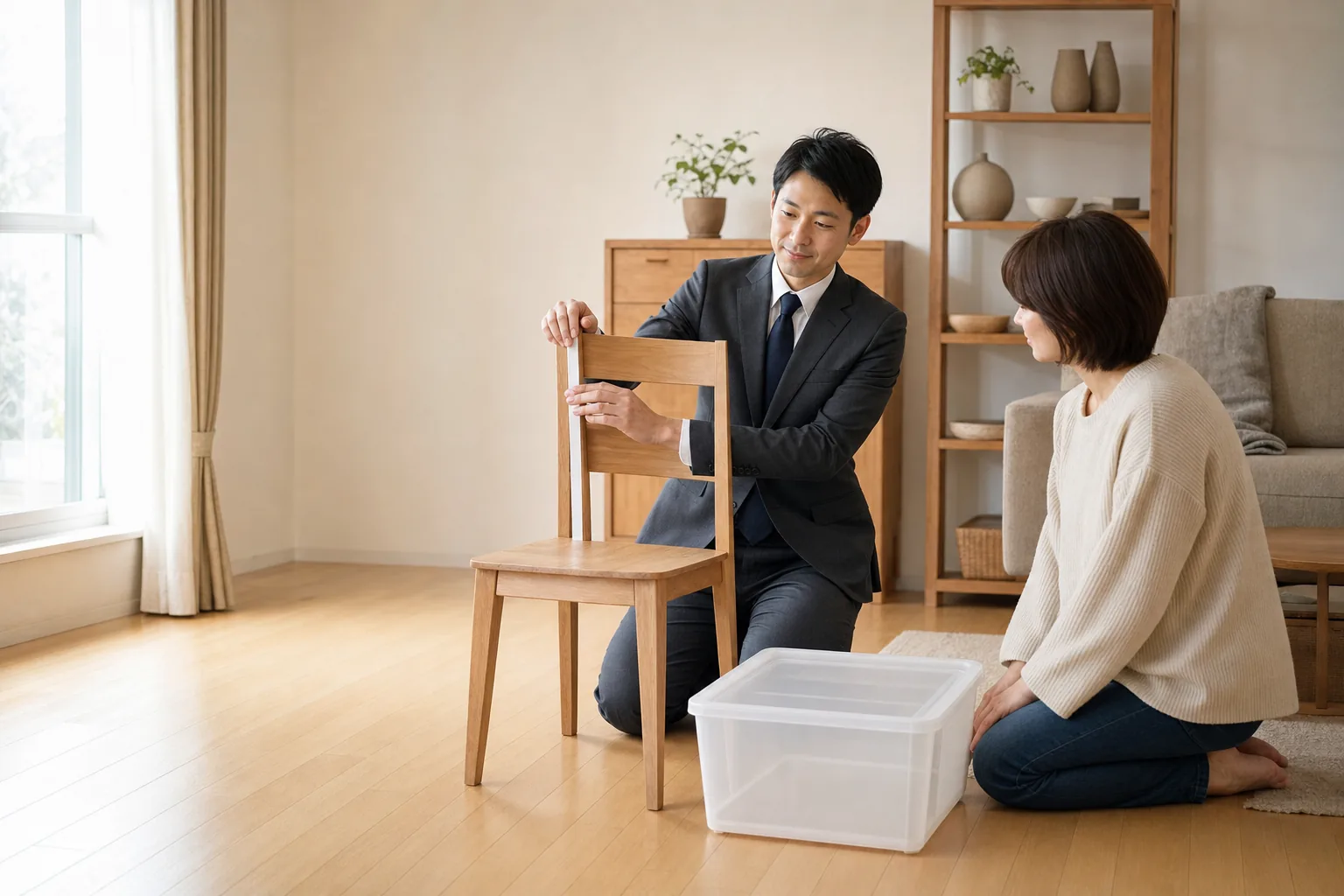 スーツ姿の査定士が、木製の椅子とプラスチックの収納ケースを並べて高齢のお客様と確認している様子