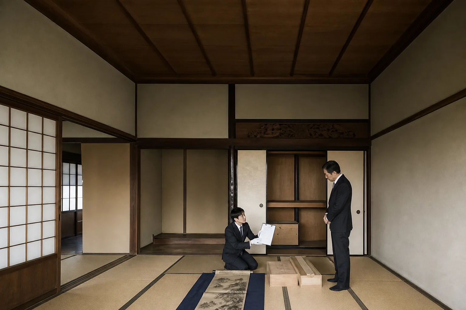 スーツ姿の査定士が、野田市の空き家の和室で、押し入れから出した桐箱と掛軸を畳の上に並べて確認し、そばに立つ50代くらいの男性に手元の書面を見せている様子
