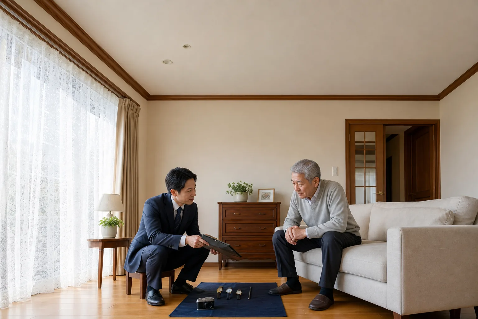スーツ姿の査定士が、大田区の戸建ての洋間で、ソファに腰かけたご高齢の男性に手元の書面を見せながら、床に並べた腕時計や万年筆を一つずつ説明している様子