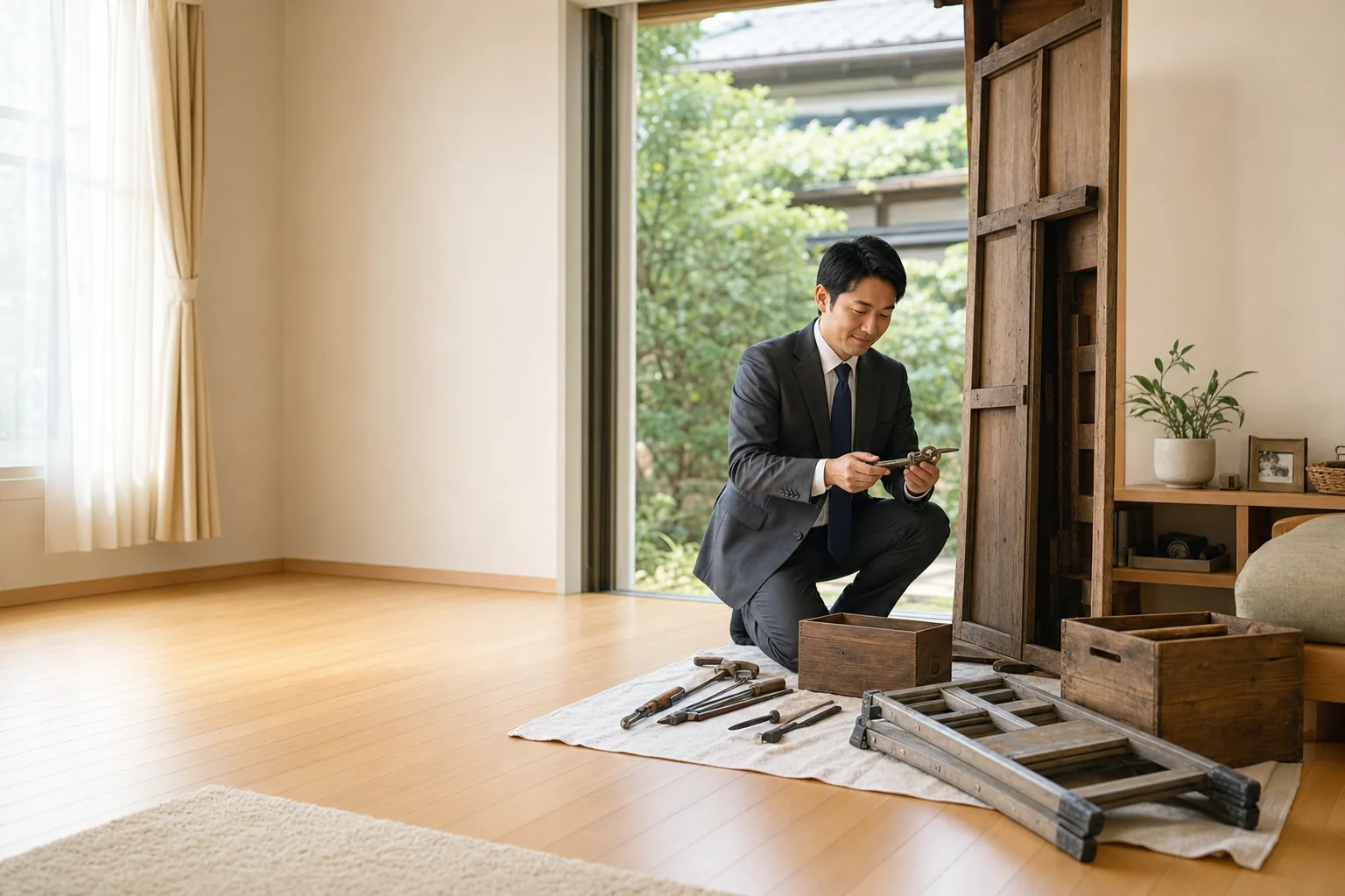 スーツ姿の査定士が、戸建ての物置の前で高齢のお客様と一緒に古い家財を確認している様子