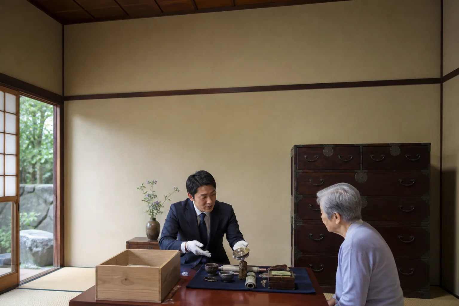 スーツ姿の査定士が、世田谷区の戸建ての和室で、ご高齢の女性と座卓をはさんで向かい合い、桐箱から取り出した品物を布の上に並べて説明している様子。奥には和だんすが見える