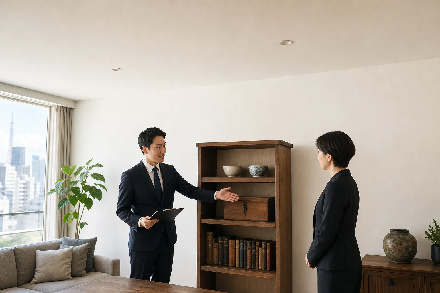 スーツ姿の査定士が、マンションの一室で木製の書棚に並んだ茶碗や桐箱を手で指し示しながら、向かい合って立つお客様に説明している様子