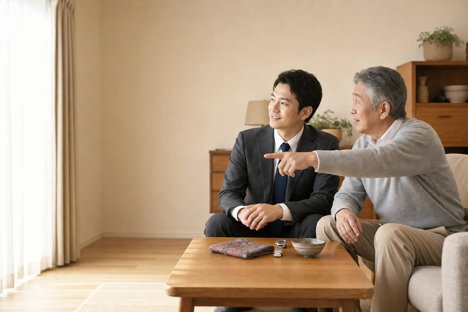 スーツ姿の査定士とお客様がテーブルを挟んで座り、お客様が部屋の奥の家具を指しながら説明している様子