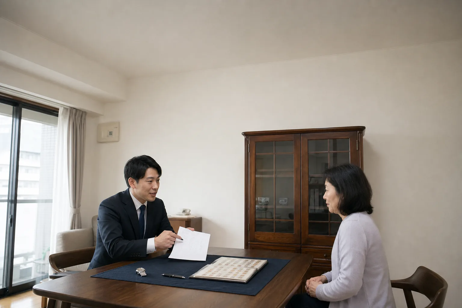 スーツ姿の査定士が、墨田区のマンションの居間で、ダイニングテーブルに着いたご遺族の女性に手元の一覧を見せながら、卓上に並べた腕時計・万年筆・切手アルバムを一つずつ確認している様子