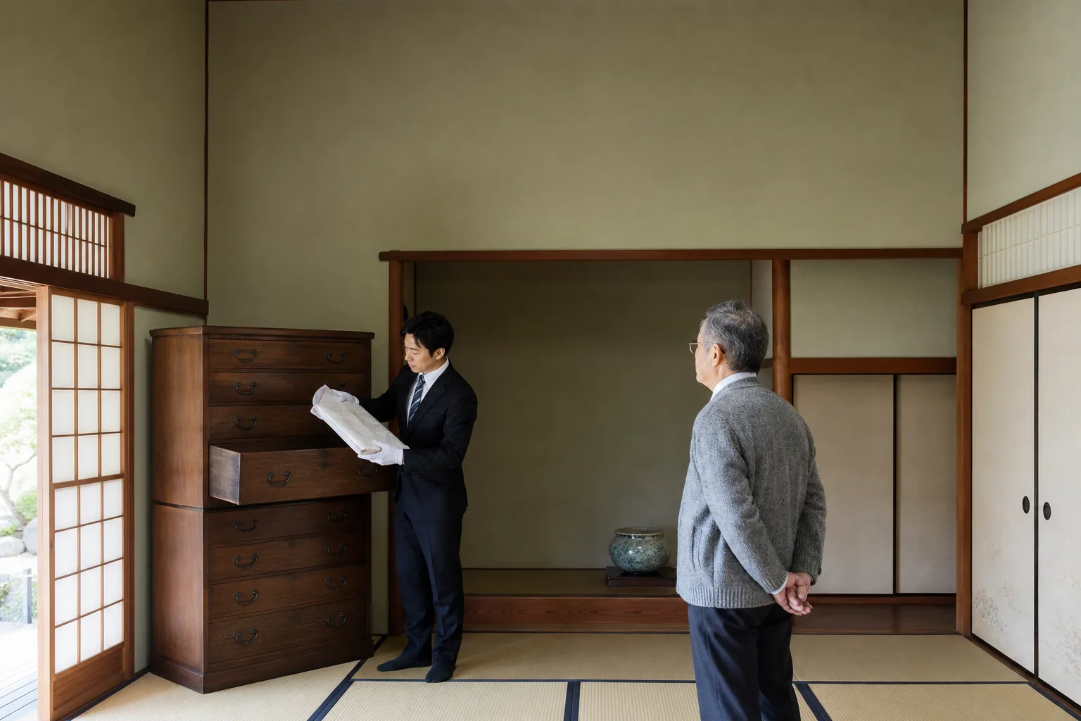 スーツ姿の男性査定士が、和室で桐たんすの引き出しから畳紙に包まれた着物を取り出して確認し、少し離れて立つお客様が見守っている様子