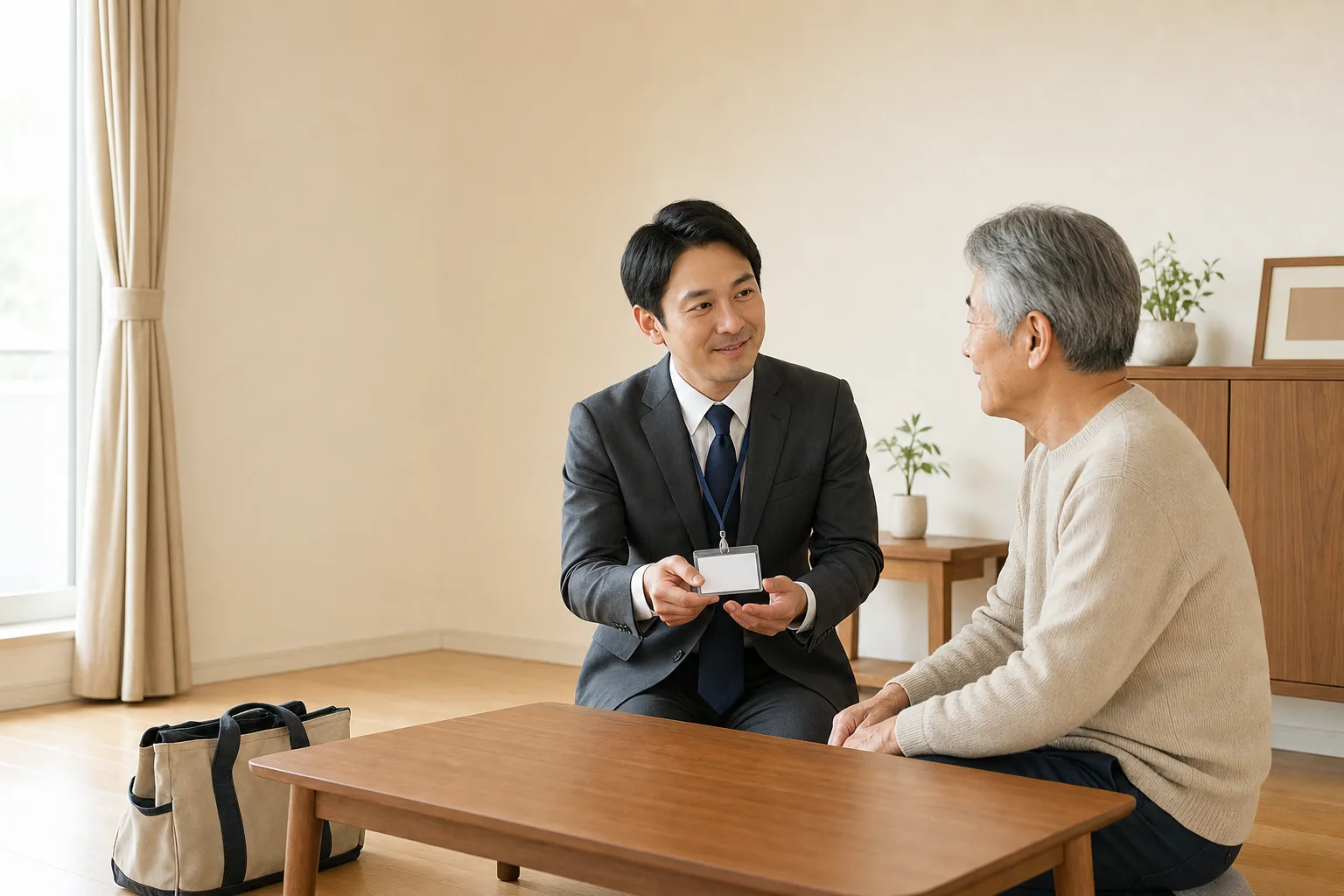 スーツ姿の査定士が、玄関先で高齢のお客様に身分証と書類を提示しながら訪問の説明をしている様子